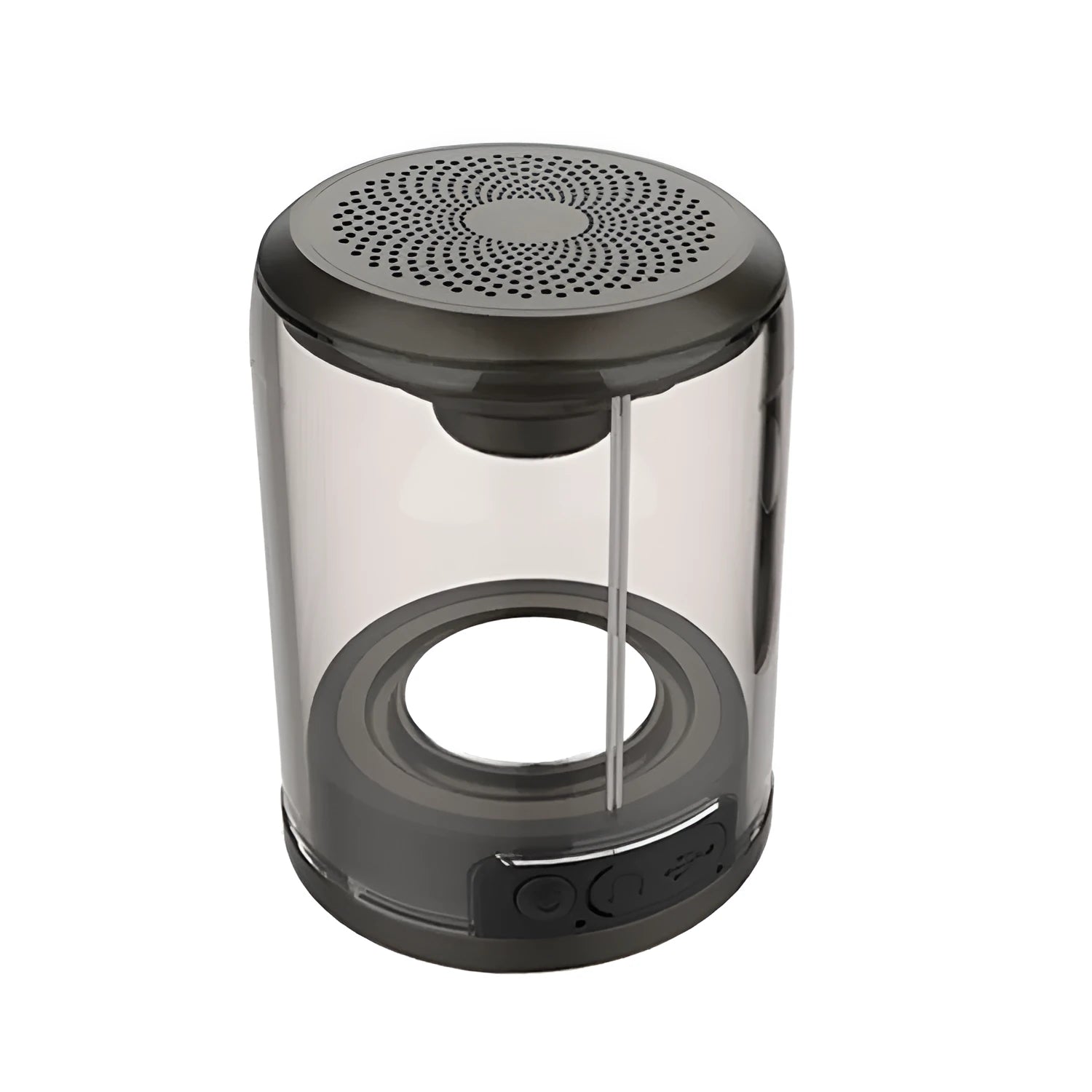 Transparent Bluetooth speaker with black housing and suction cup base on a glass table