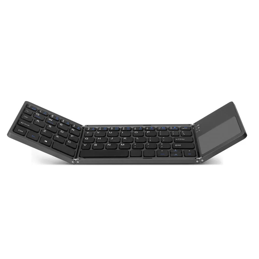 Ultra-thin tri-fold folding Bluetooth keyboard with touchpad in black, folded and spread open