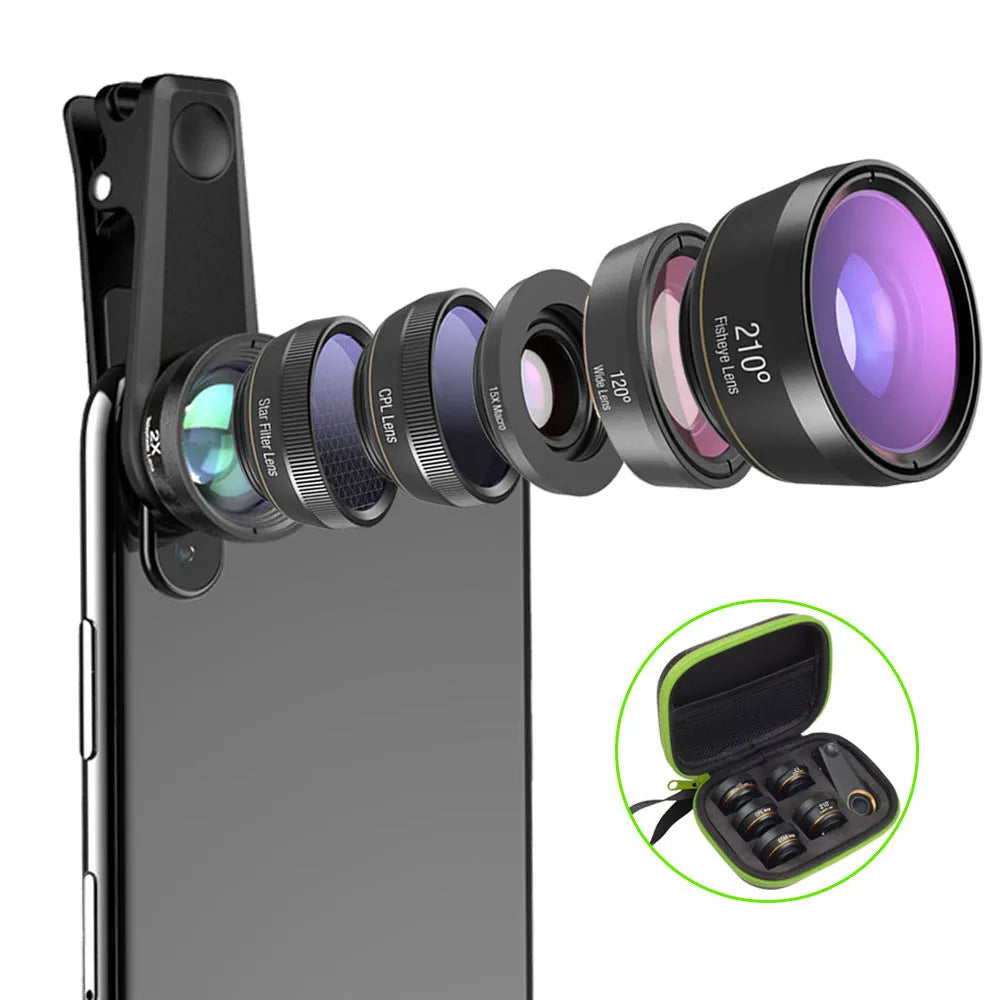Black 6-in-1 mobile phone camera lens kit with fisheye, macro, wide-angle, telephoto, CPL, and star filter lenses on a universal clip.
