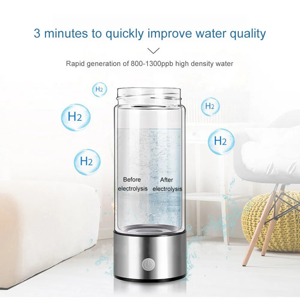 Silver hydrogen water cup with PC body, 420ml capacity, USB charging port, and titanium electrode