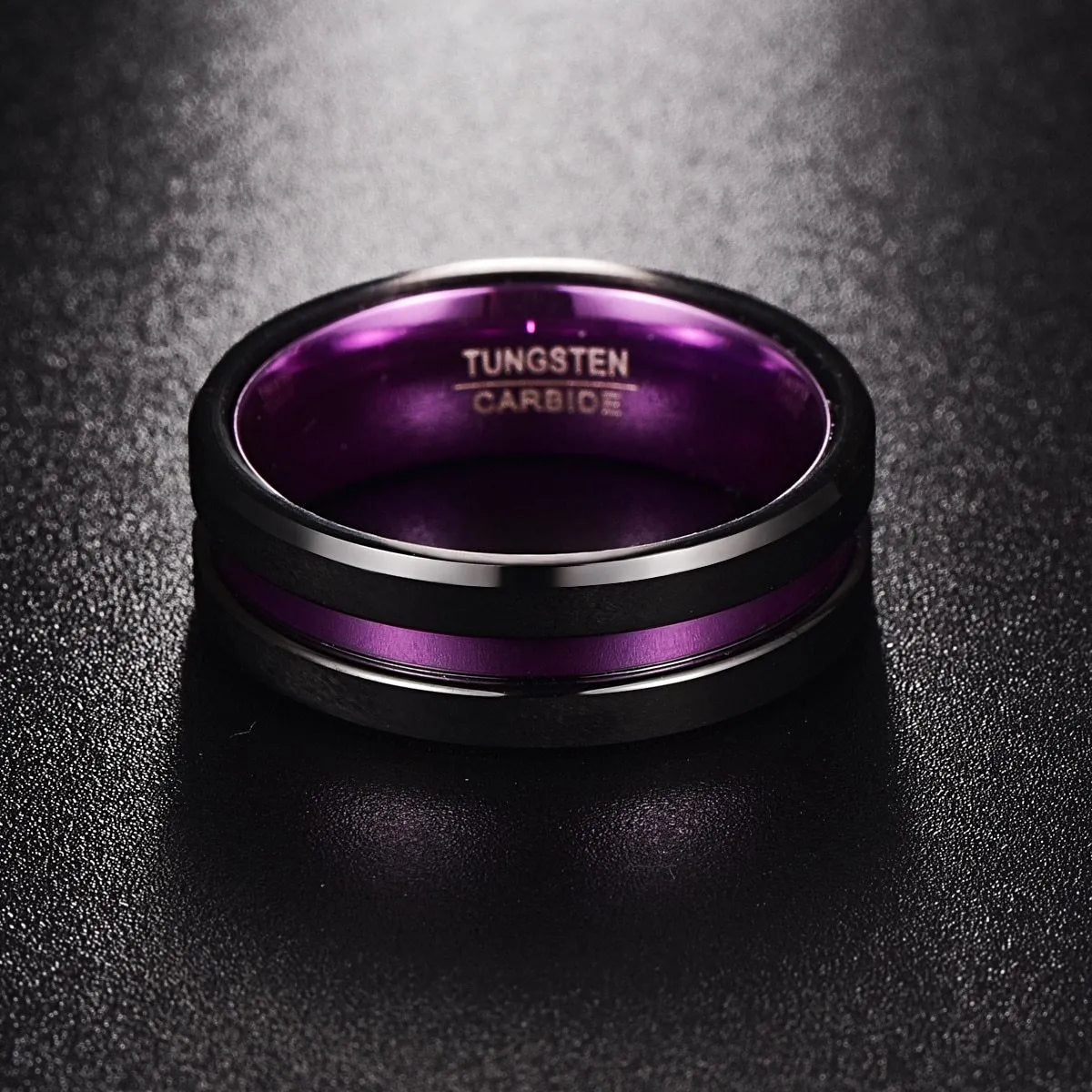 Tungsten carbide men's ring with purple inner ring and frosted groove finish on white background