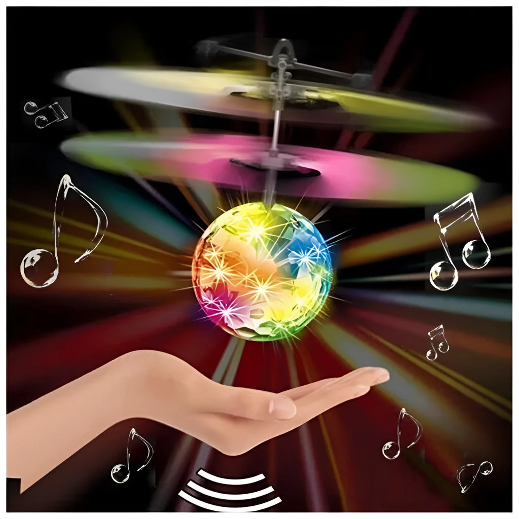 LED Magic Flying Ball with infrared induction, flashing lights, USB charging, plastic construction, available in multiple colours