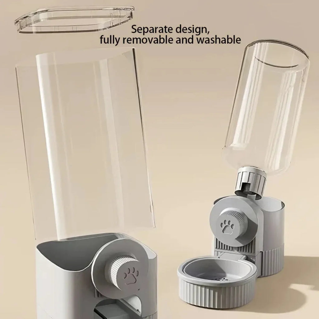 1.2L grey automatic pet feeder and 520ml water dispenser set with hanging cage design for small puppy, cat, or rabbit.