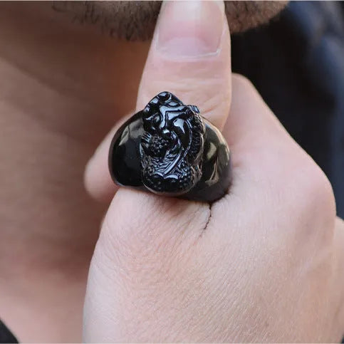 Natural gold sheen obsidian pixiu ring for men, black colour, alloy band, thumb ring