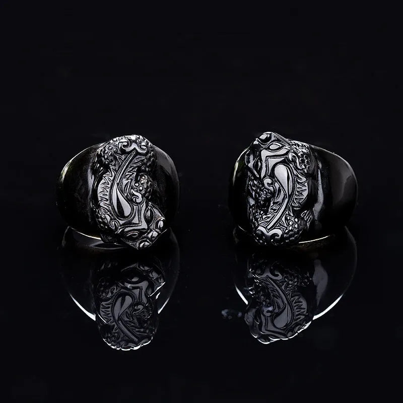 Natural gold sheen obsidian pixiu ring for men, black colour, alloy band, thumb ring