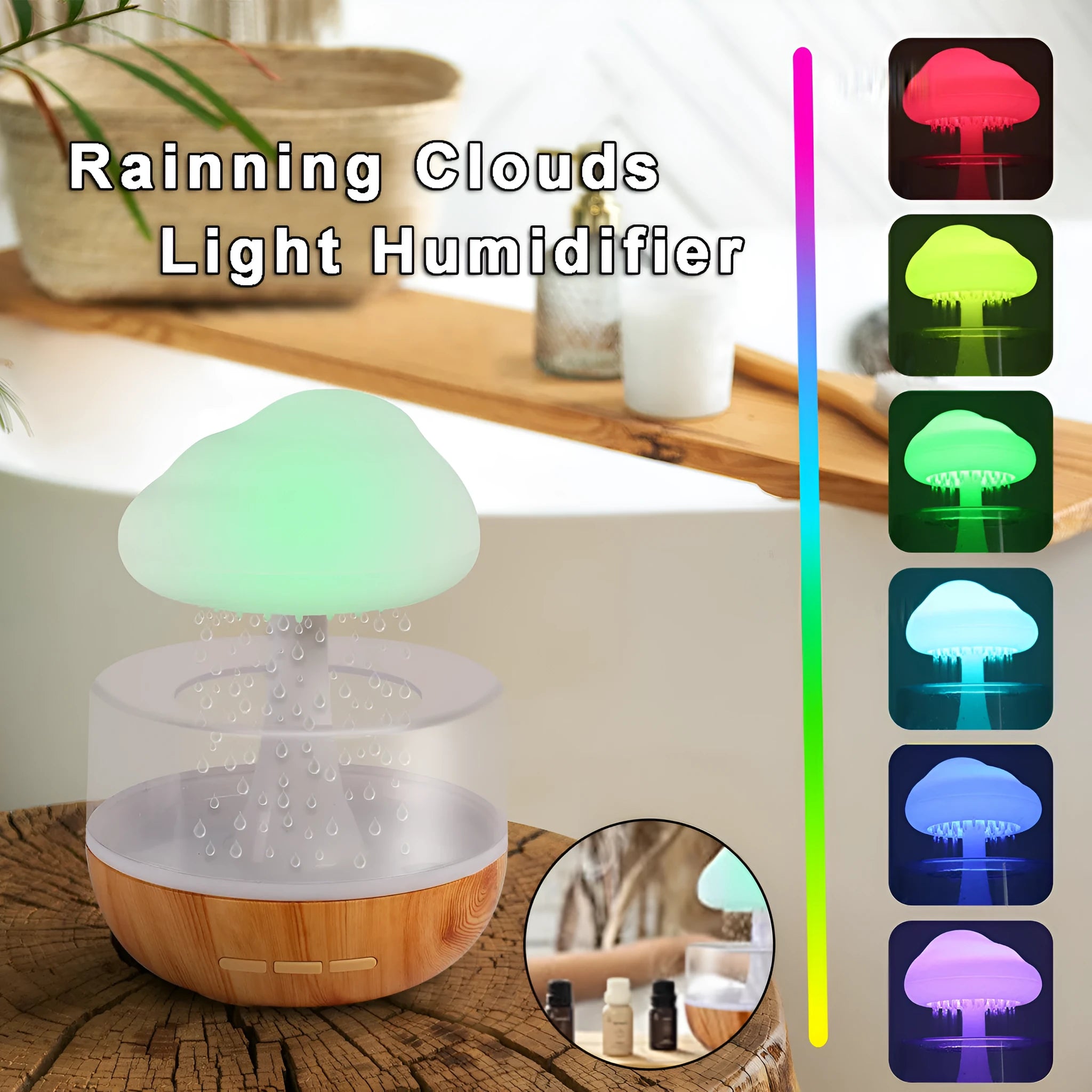 White cloud-shaped aromatherapy humidifier with night lights and USB cable.