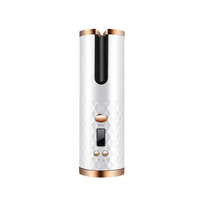Rechargeable cordless automatic hair curler with ceramic barrel and LCD display in choice of colours.