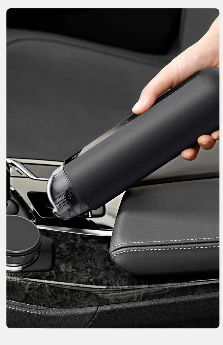 BASEUS wireless handheld car vacuum cleaner in black, white, or green with blowing hose.