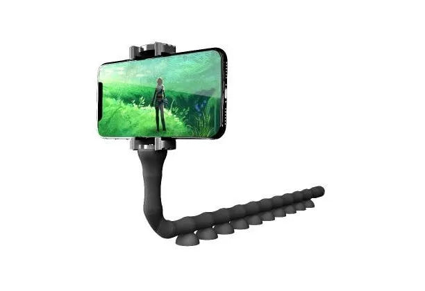 Flexible rubber phone holder with suction cup wrapped around bicycle handlebar