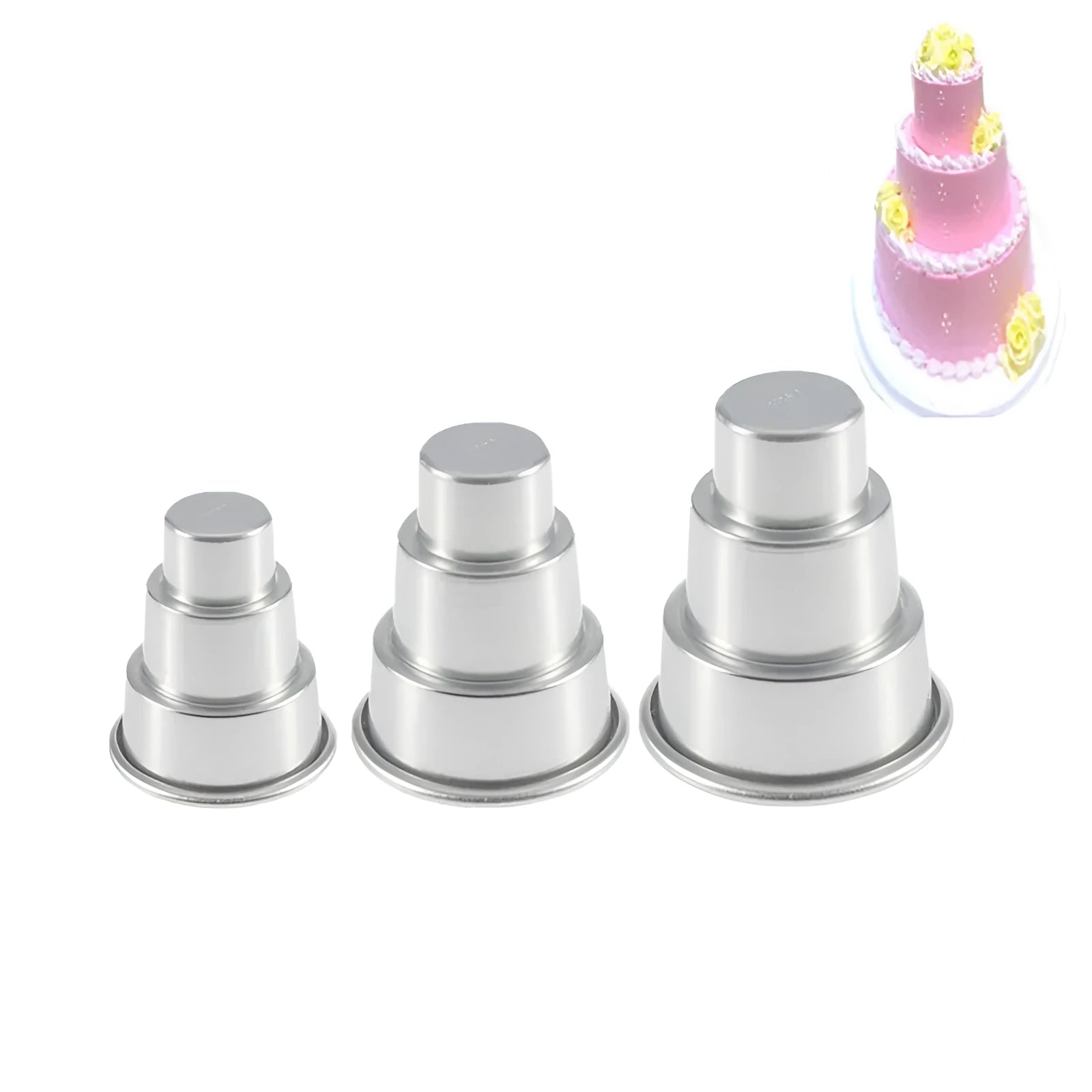 Silver aluminium alloy cake mould with three layered pudding cup cavities