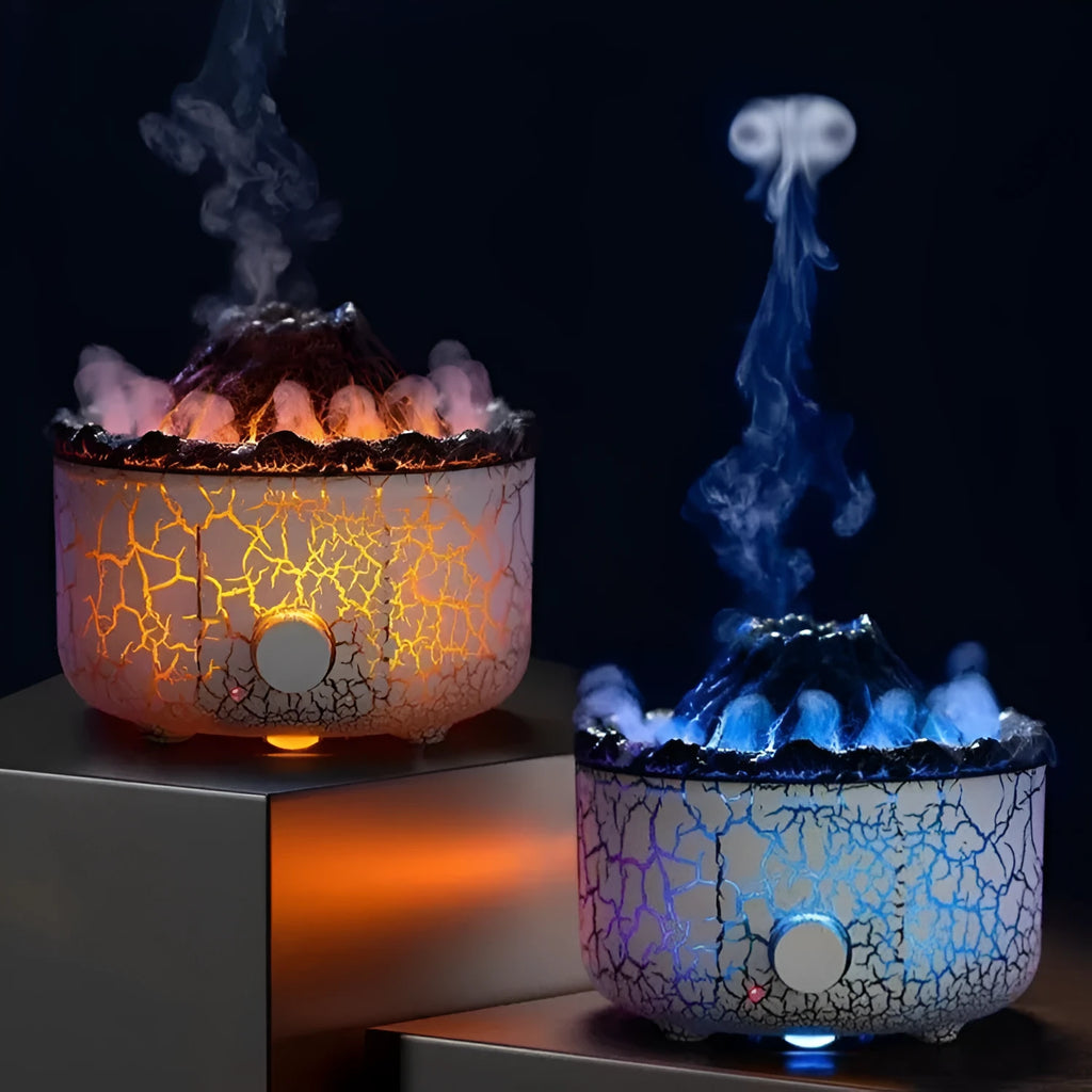 Volcano-shaped humidifier diffuser with LED flame lighting effect emitting mist puffs