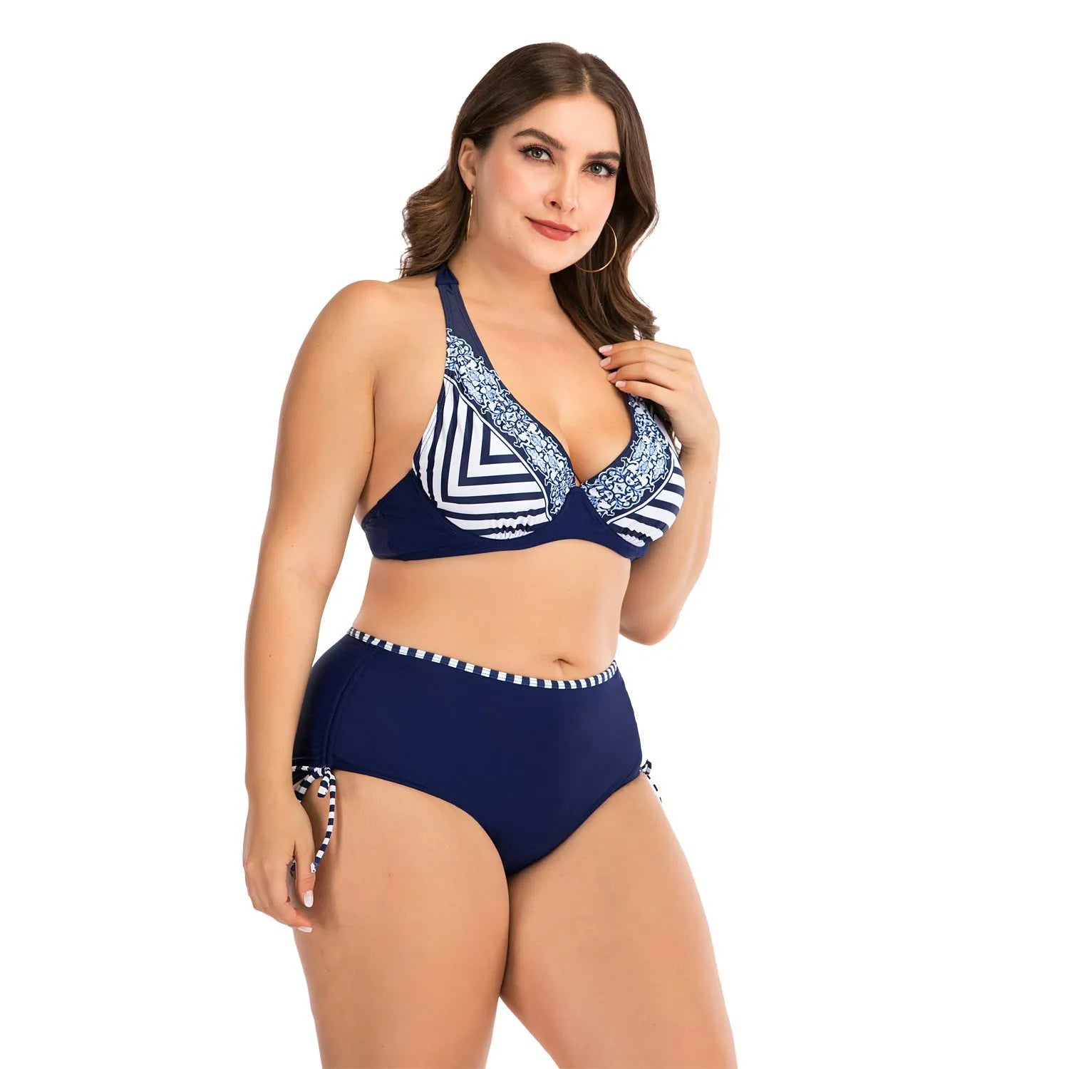 Plus size striped bikini in dark blue with high elasticity quick-dry fabric for women sizes L to 4XL