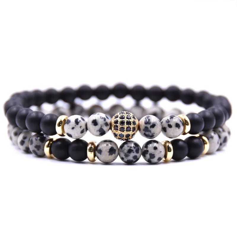 Adjustable beaded cord men bracelet set in multiple colours: black, blue, brown, gray, tigereye, volcanic rocks, white dot