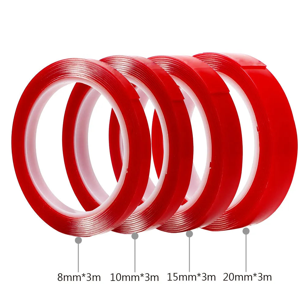 Transparent acrylic foam double-sided tape 3m long in 8mm width on a white background