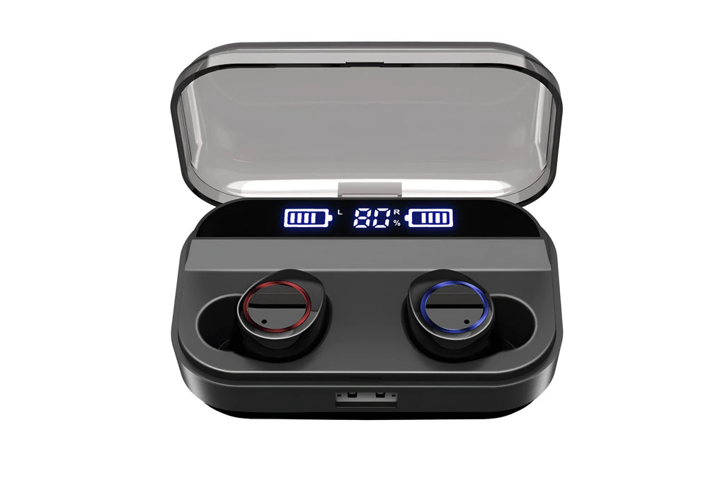 Black X11 wireless Bluetooth earbuds and their portable charging case on a white background.