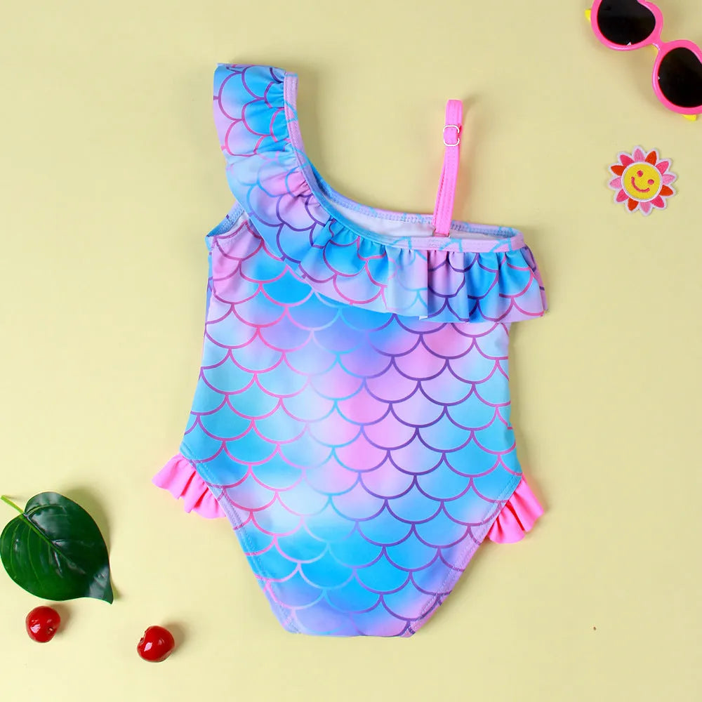 Girls' scale printed flounced gradient one-piece nylon swimsuit in Pattern 3, sizes 90-130
