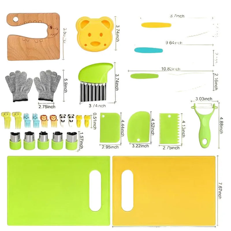 18-piece children's kitchen toy set with cut-proof saw knife, cutting board, and baking cover on table