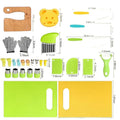 18-piece children's kitchen toy set with cut-proof saw knife, cutting board, and baking cover on table