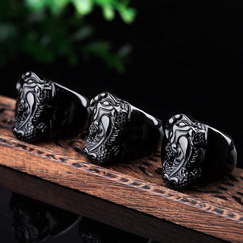 Natural gold sheen obsidian pixiu ring for men, black colour, alloy band, thumb ring