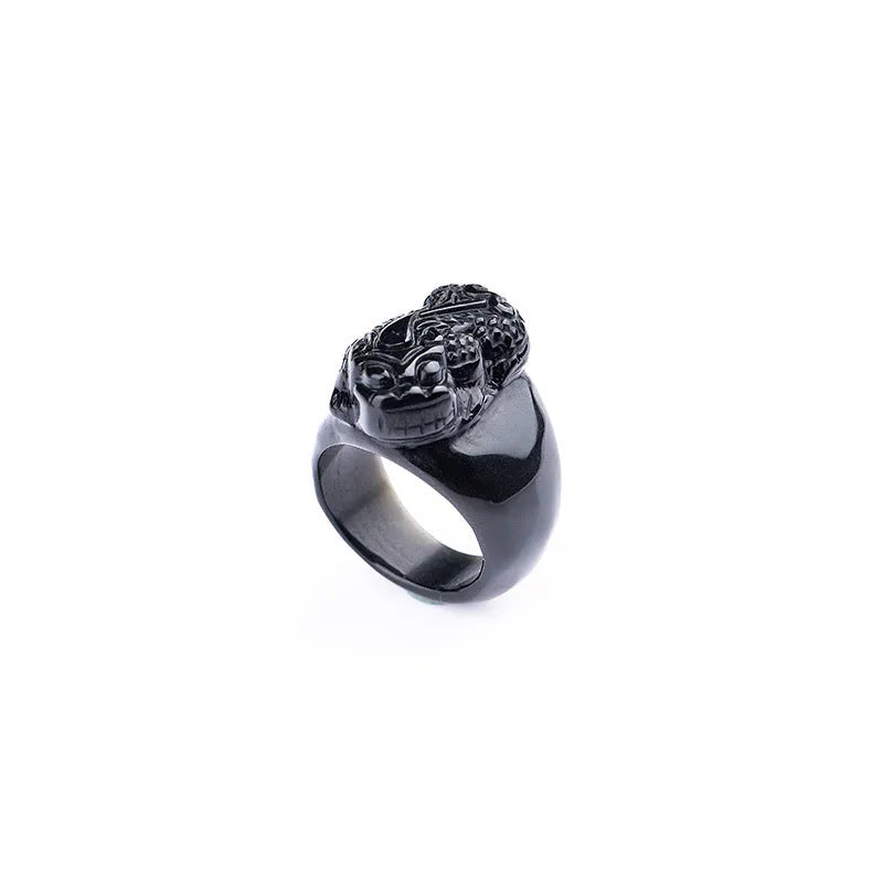 Natural gold sheen obsidian pixiu ring for men, black colour, alloy band, thumb ring