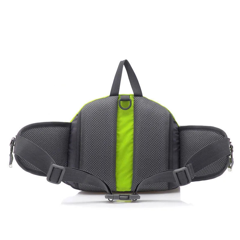 Multi function outdoor backpack in black showing 5L nylon compact profile with strap for waist and shoulder use