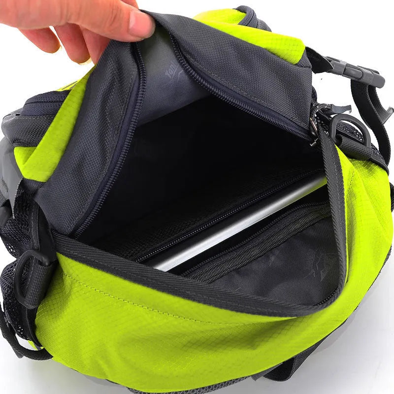 Multi function outdoor backpack in black showing 5L nylon compact profile with strap for waist and shoulder use
