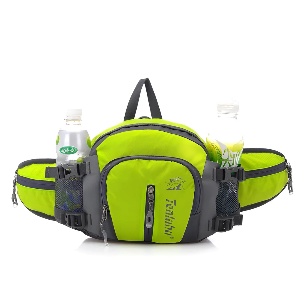 Multi function outdoor backpack in black showing 5L nylon compact profile with strap for waist and shoulder use