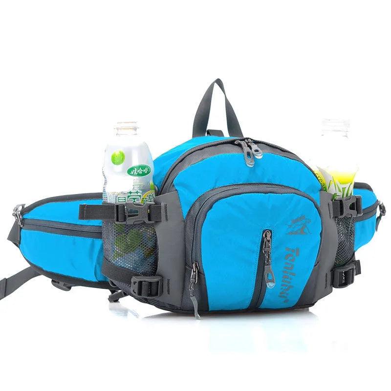 Multi function outdoor backpack in black showing 5L nylon compact profile with strap for waist and shoulder use