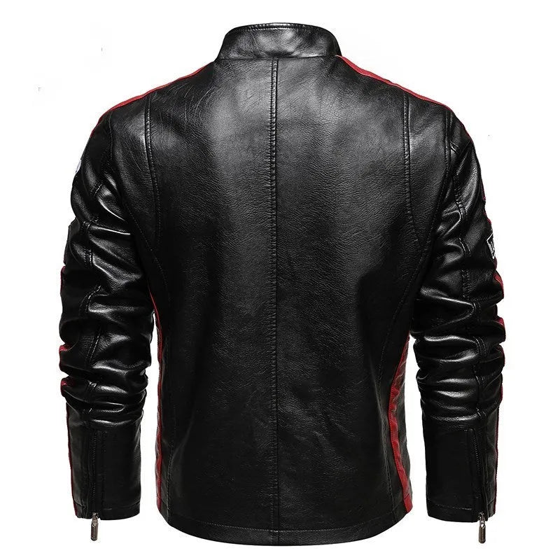 Men's PU leather embroidered slim-fit jacket with stand-up collar and zipper front in black