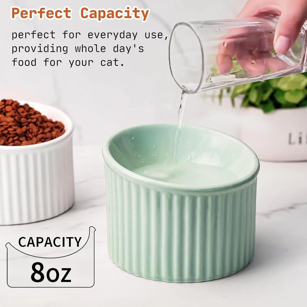 Dark green ceramic elevated cat bowl with tilted design on a raised platform.