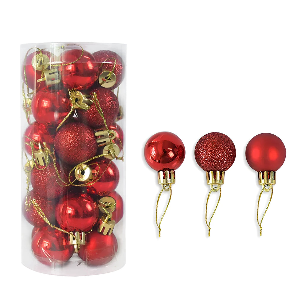 Assortment of shiny and matte 3cm plastic Christmas ball ornaments in ten different colours.