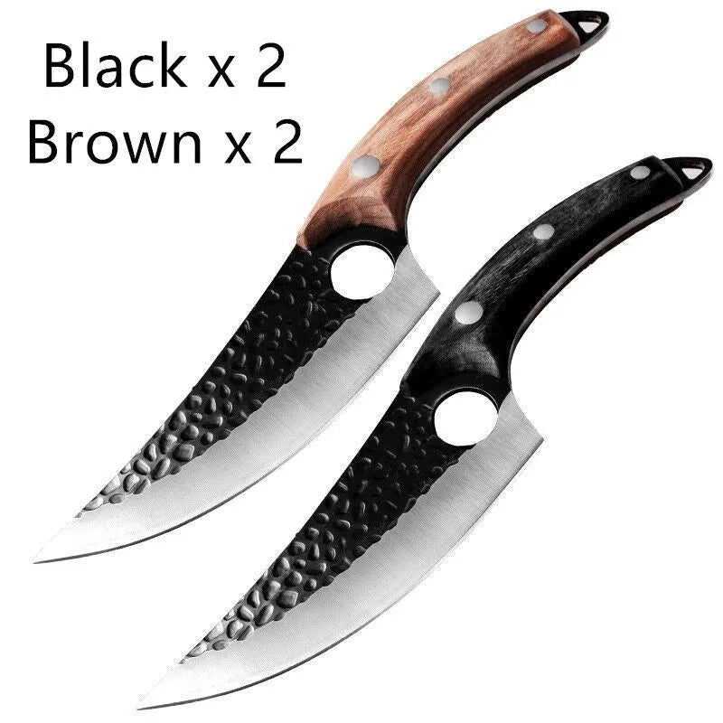 Small curved scimitar butcher knife and boning knife set with leather sheath