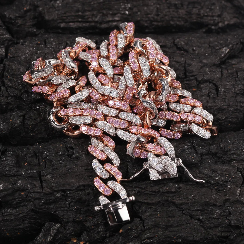 Unisex hip hop colour zirconium Cuban chain necklace in copper with zircon stones, white and pink, 18 inch length
