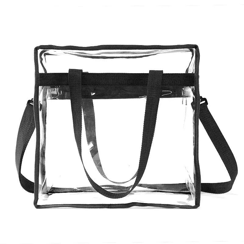 Women's transparent PVC crossbody messenger bag with a black side net pocket, shown in a horizontal square shape.