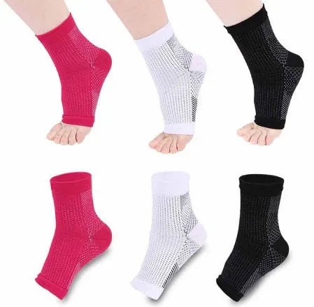 Nylon anti fatigue compression foot sleeve ankle support with straps and heel hole, in black, white or red.