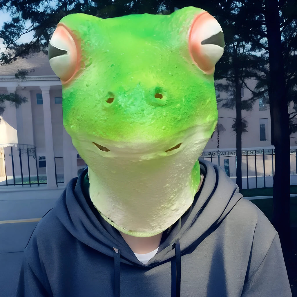 Realistic red-eyed frog latex mask with green and red colouring