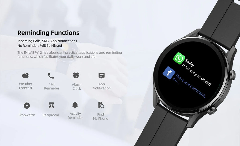 IMILAB W12 Smart Watch Black with 1.32-inch HD screen, rubber strap, and heart rate sensor