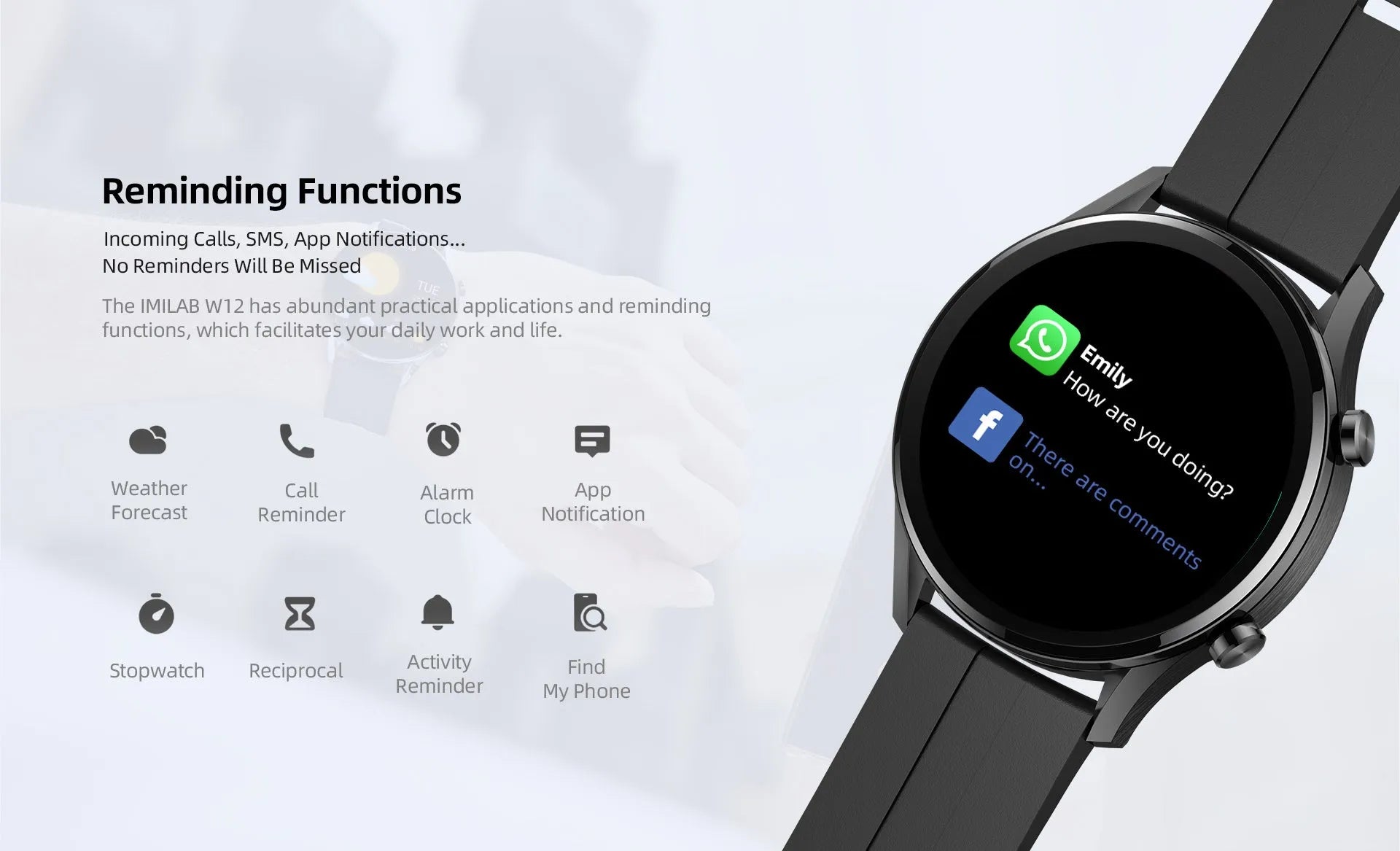 IMILAB W12 Smart Watch Black with 1.32-inch HD screen, rubber strap, and heart rate sensor