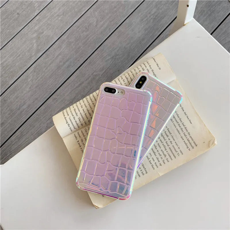 Silver laser finish silicone iPhone case showing glossy texture and protective design