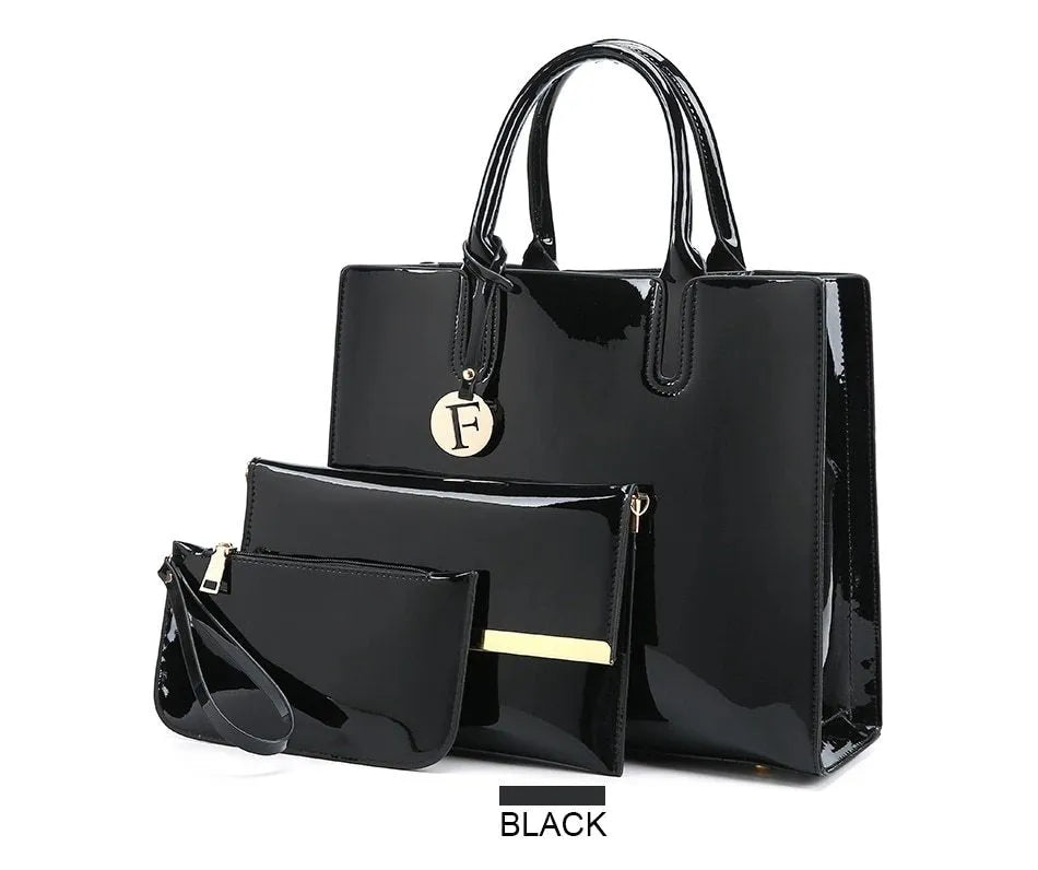 Three soft patent leather handbags in solid colours for women, shoulder and crossbody style with zipper closure