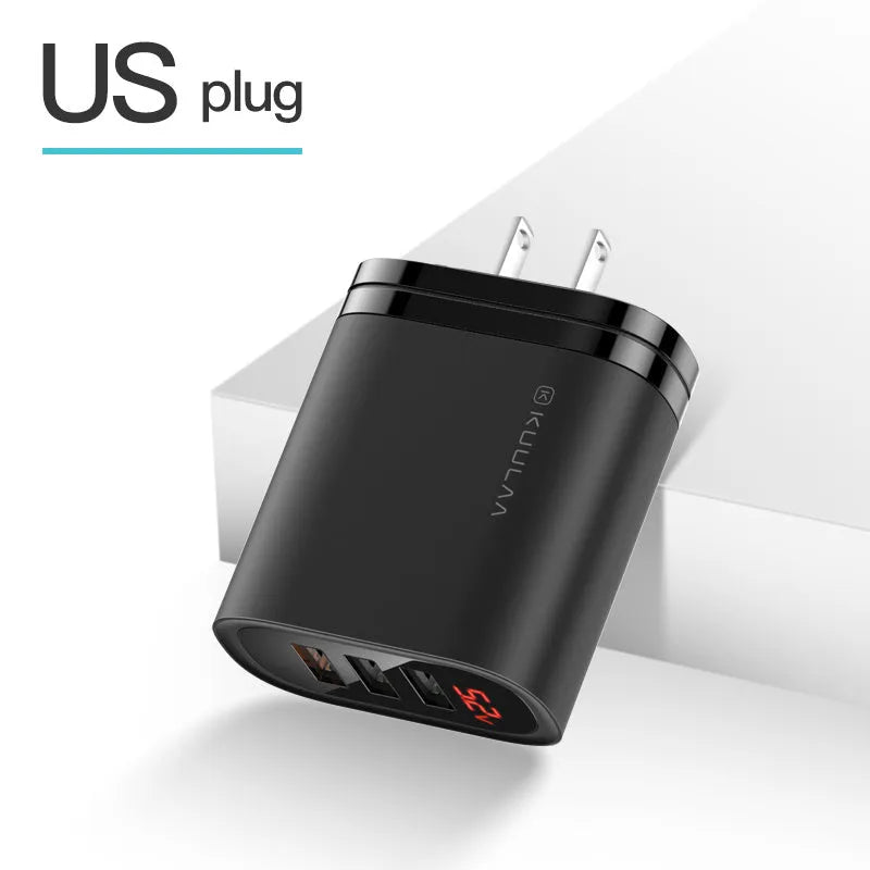 3 hole USB fast charge travel charger with LED indicator in black, showing EU plug attached