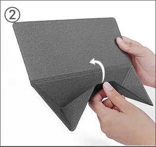 Blue foldable laptop cooling bracket shown open and closed, with an ergonomic viewing angle.