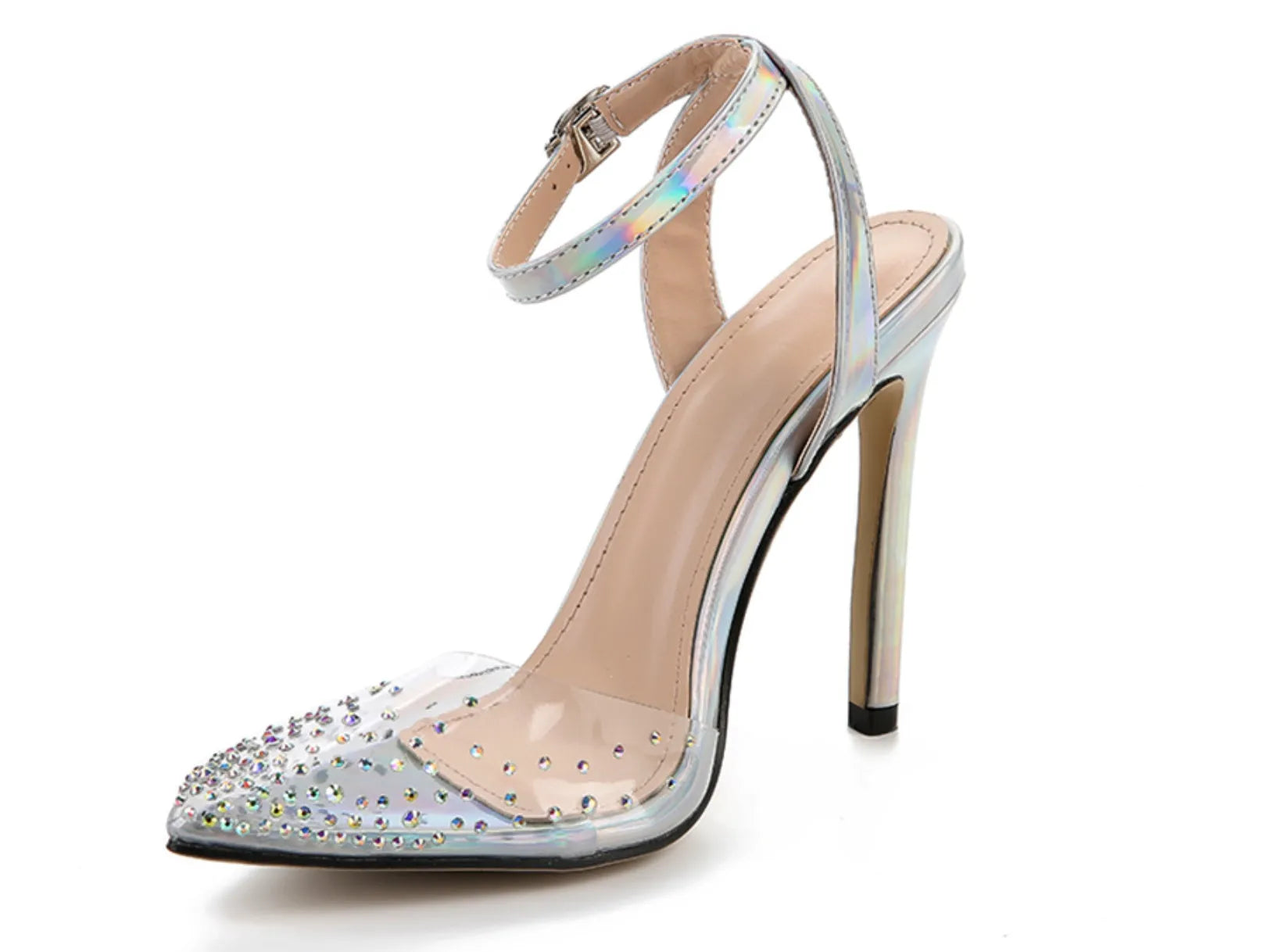 Women's pointed toe stiletto sandals with diamond details on a PVC upper, showcasing a 9cm heel.