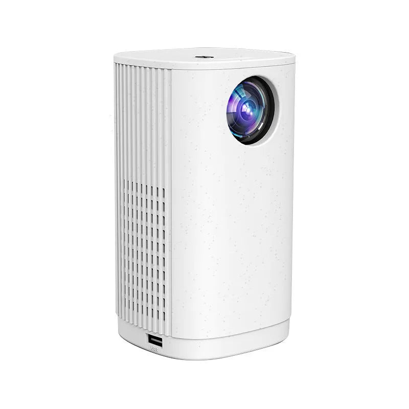 Blue mini projector with remote control on table showing movie projection on wall