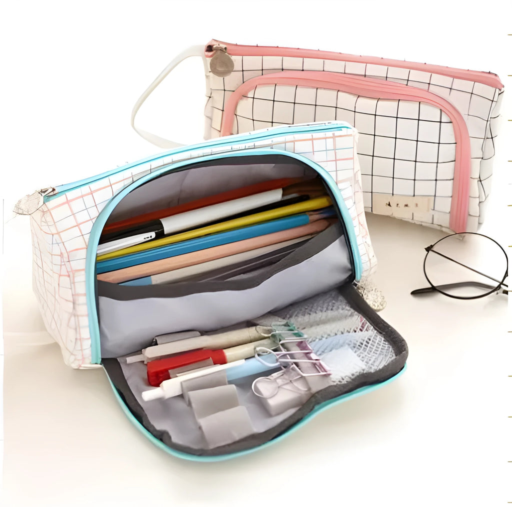 Square canvas pencil case with striped pattern, Korean style, in one of 15 colours