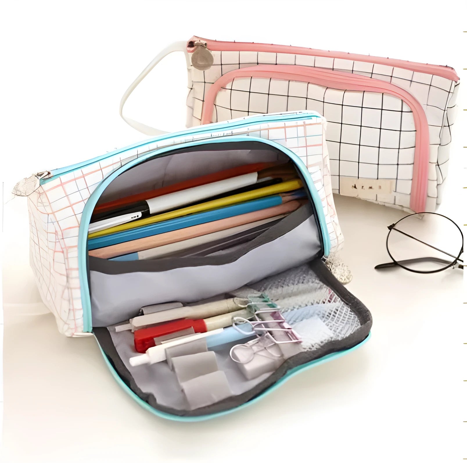 Square canvas pencil case with striped pattern, Korean style, in one of 15 colours