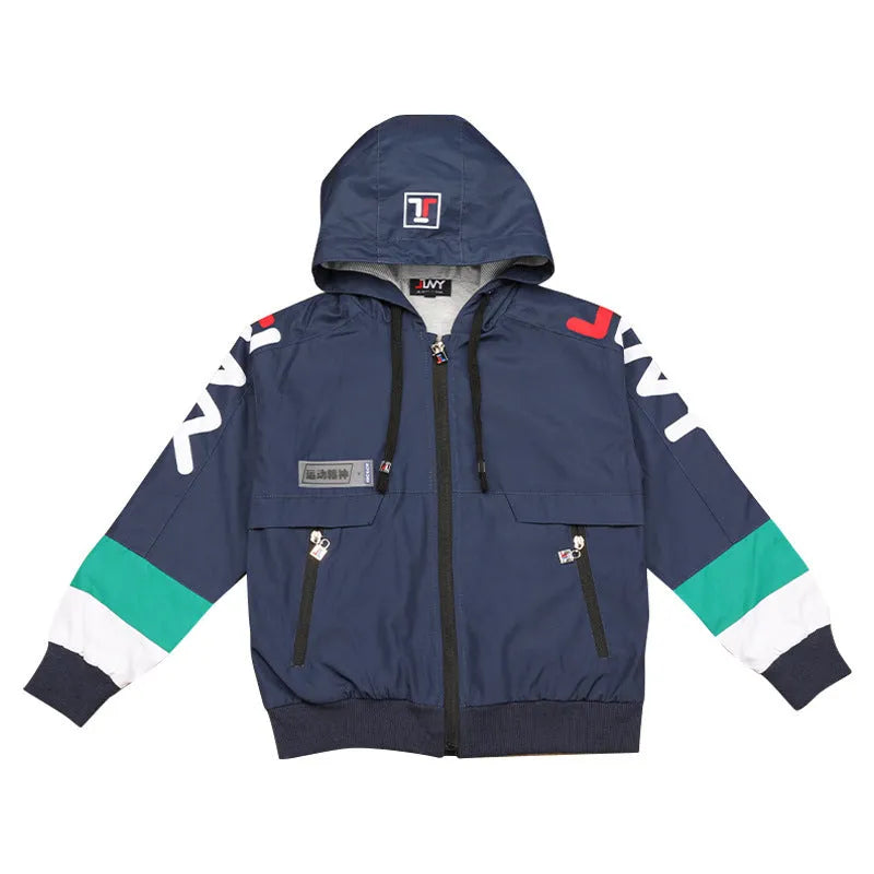 Boys hooded polyester sports jacket in royal blue for autumn winter, long sleeves, size 120-160cm