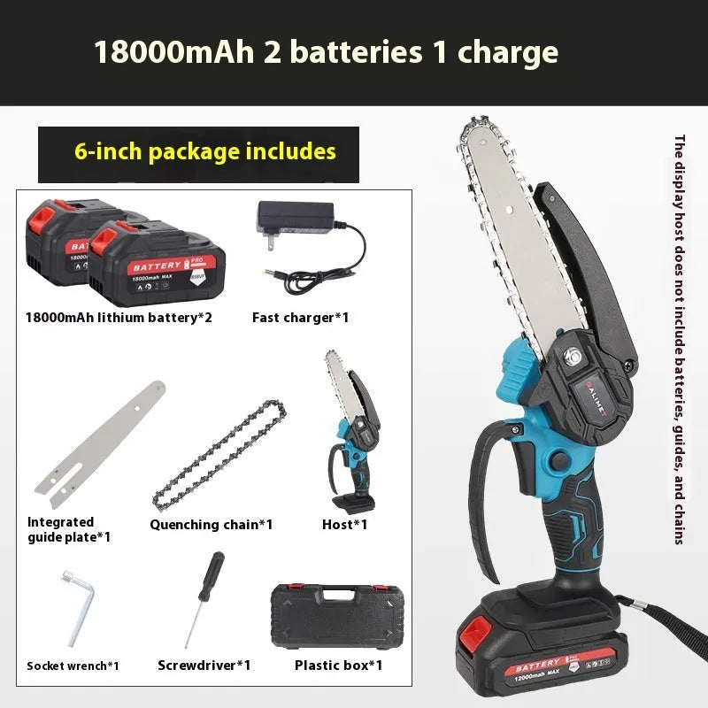 6-inch rechargeable lithium chainsaw with dual battery and plastic storage box against white background