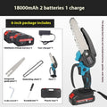 6-inch rechargeable lithium chainsaw with dual battery and plastic storage box against white background