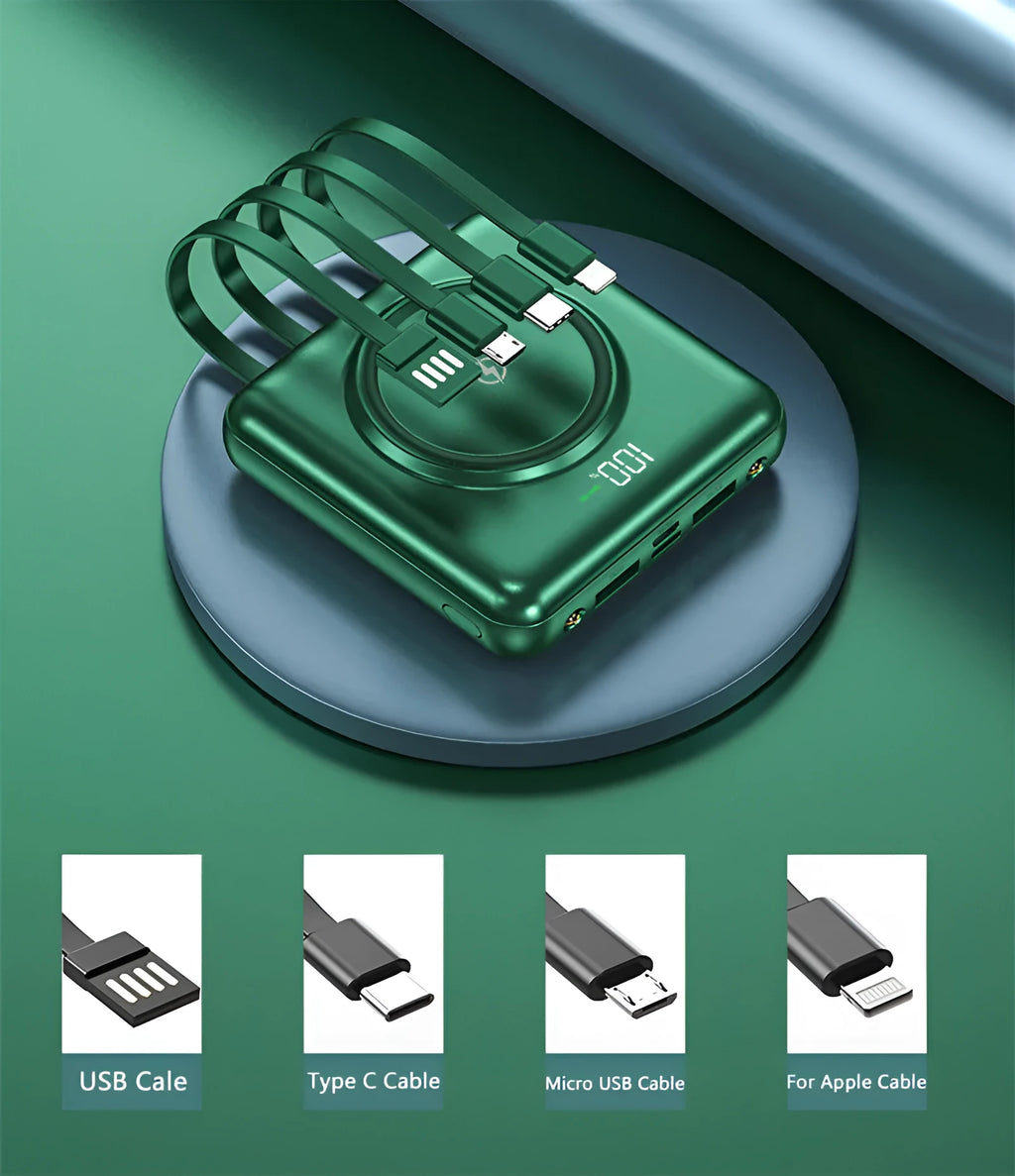 Compact square 20000mAh PD fast charging power bank with LCD screen in red, green, or black.